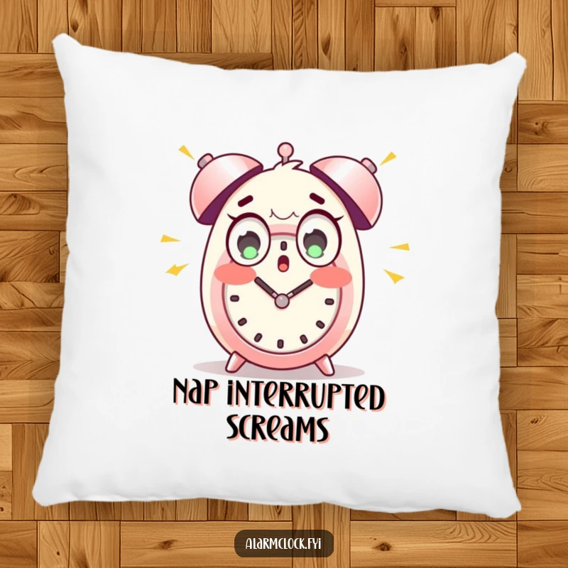 Funny pillow with a wide-eyed character startled by loud alarm clock bells, offering a humorous and cozy accent.