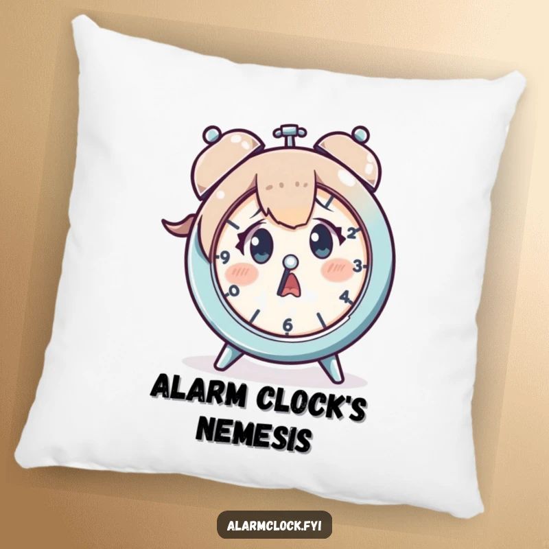 Funny pillow with a character looking terrified at a clock, a soft reminder of life's time constraints, great for sofas.
