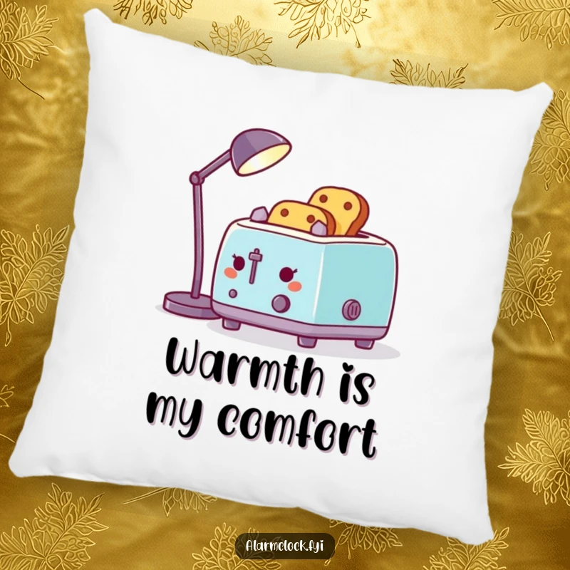 Funny pillow with a design of a toaster using a desk lamp to toast bread, offering plush comfort and humorous appeal.
