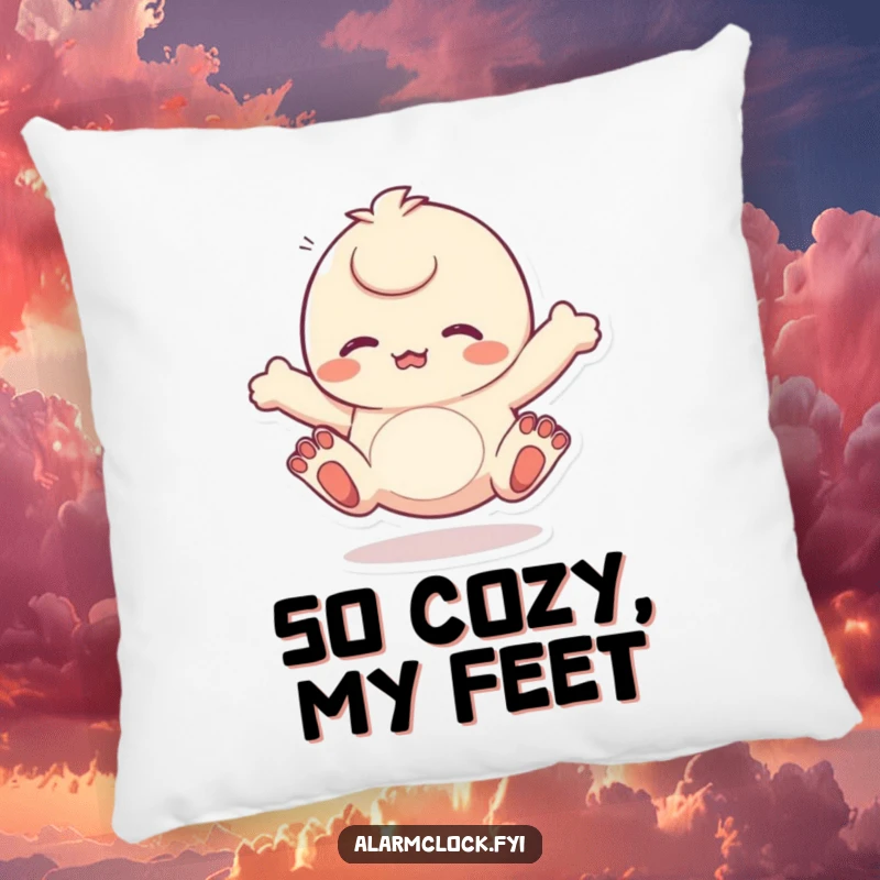 Funny pillow with a character energetically wiggling its toes, adding a touch of playful comfort. Perfect funny gift.