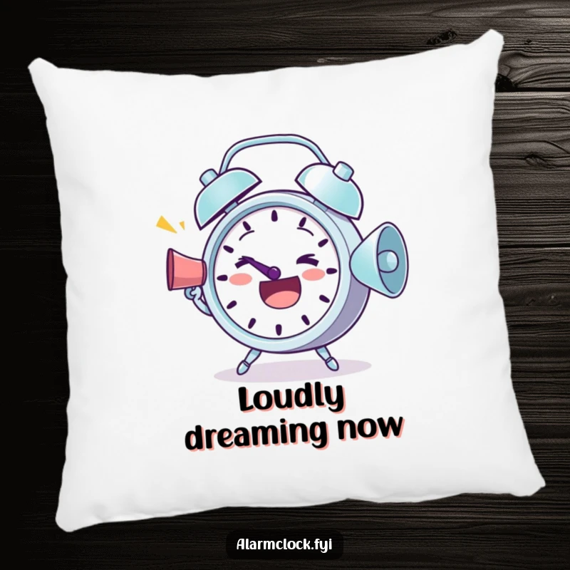 Funny Pillow: A determined alarm clock shouting greetings through a megaphone, designed to inspire joy.