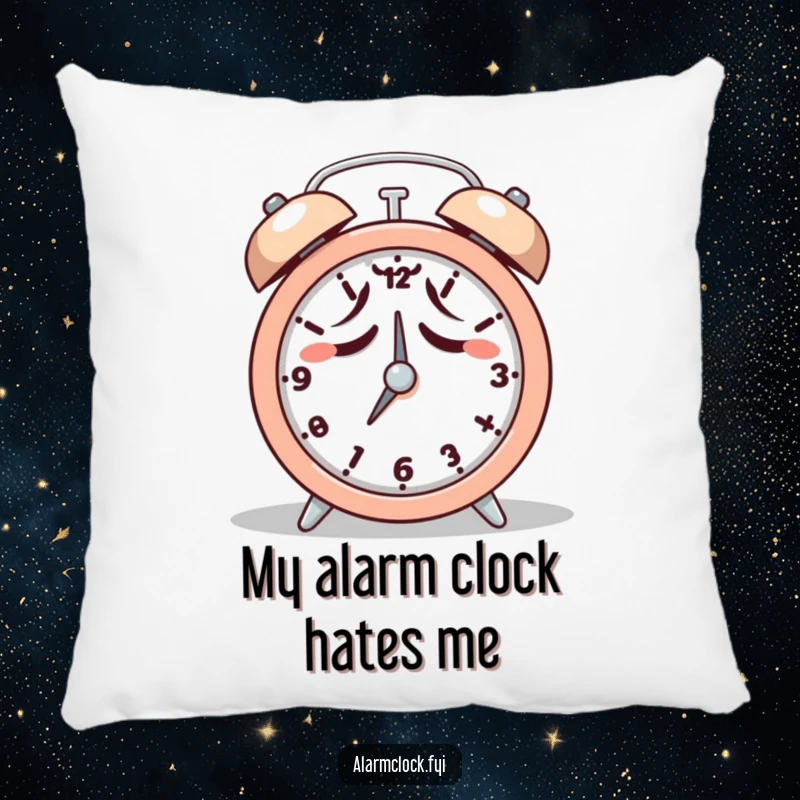 Funny pillow featuring a tired character reluctantly hitting snooze on an alarm clock, offering comfort and humor.