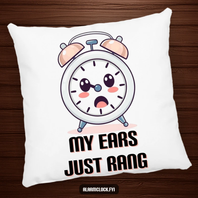 Funny pillow with a loud-ringing alarm clock character and a surprised face, ideal for adding humor to any cozy spot.
