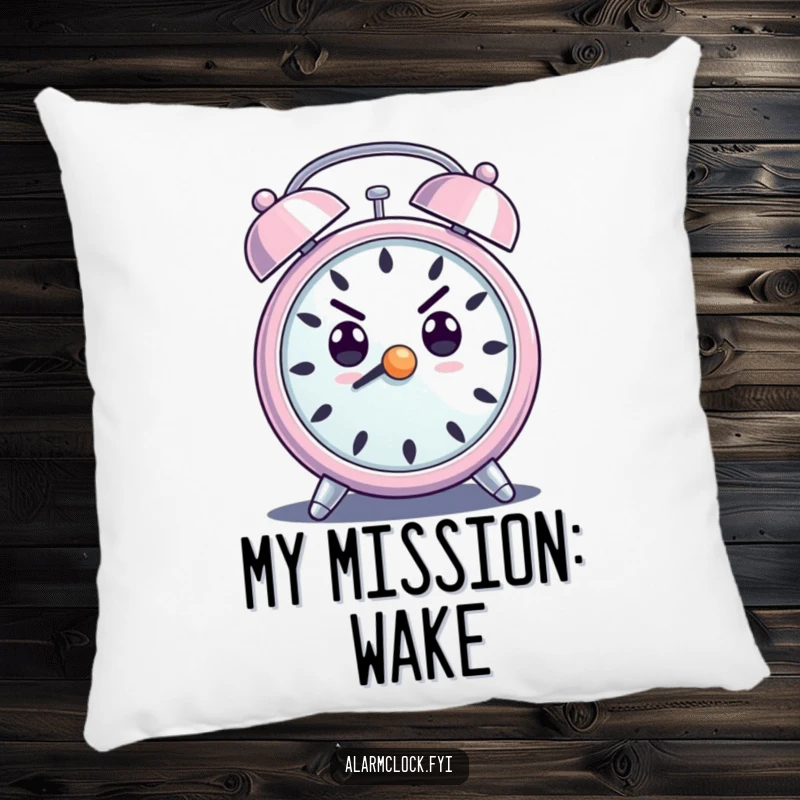 Funny pillow with a determined, loud-ringing alarm clock character, perfect for inspiring motivation and comfort.