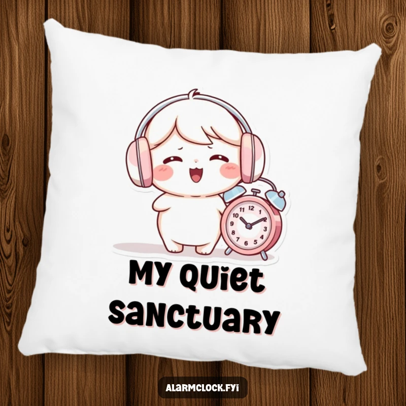 Funny pillow featuring a giggling character wearing earmuffs while an alarm clock rings nearby.