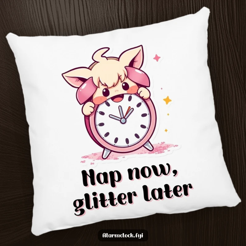 Funny decorative pillow showing a mischievous character showering an alarm clock with glitter, perfect for cozy, playful, and sparkly spaces.