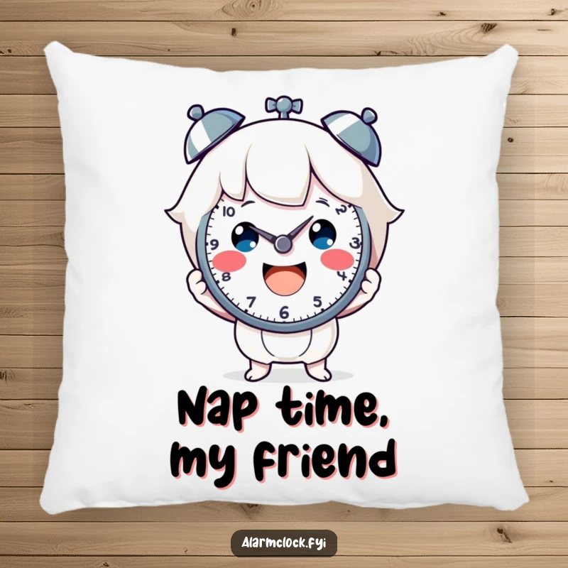 Funny pillow with a cheerful character holding a clock face, adding a touch of happy timekeeping. Perfect funny gift.