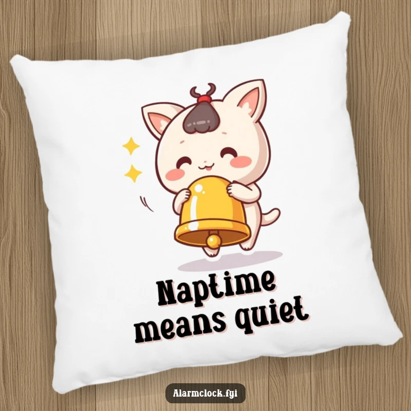 Funny ringing bell pillow with a cute character vigorously ringing a bell, offering comfort and cheerful humor.