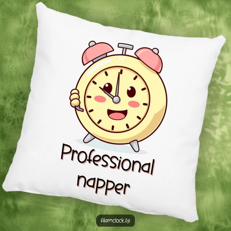 Funny pillow featuring a determined alarm clock character persistently pushing the snooze button, designed for cozy, sleep-loving comfort.