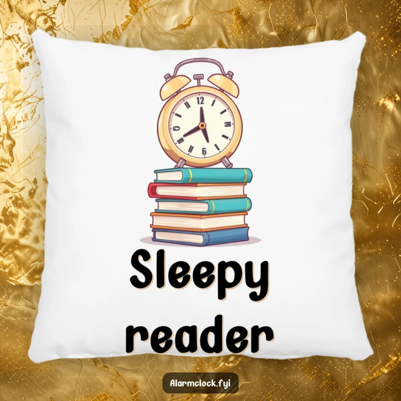 Funny pillow with a weary alarm clock balancing on wobbly books, offering humorous comfort and decor.