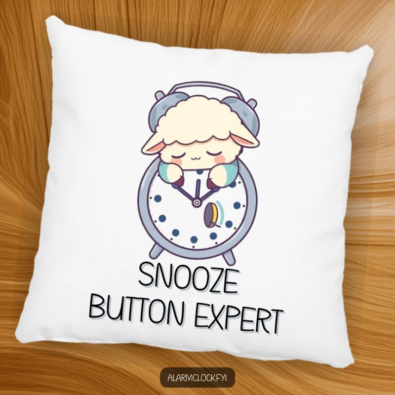 Funny pillow featuring a sleepy sheep in pajamas napping on an alarm clock, offering plush comfort and humorous bedroom decor.