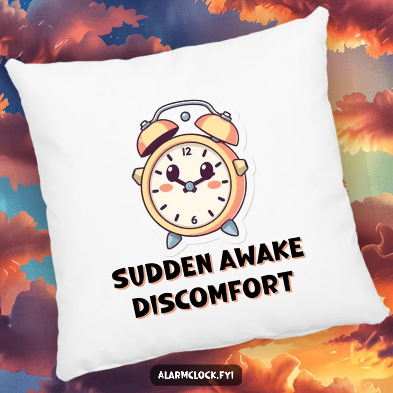 Funny pillow with a cute alarm clock character leaping out of a bell, looking utterly surprised, adding a humorous touch to any room.