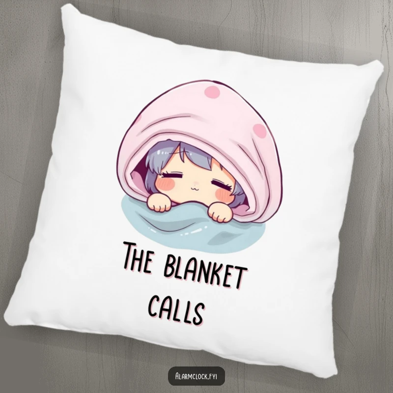 Funny pillow with a groggy character peeking from beneath a blanket, offering comfort and a humorous nod to morning fatigue.