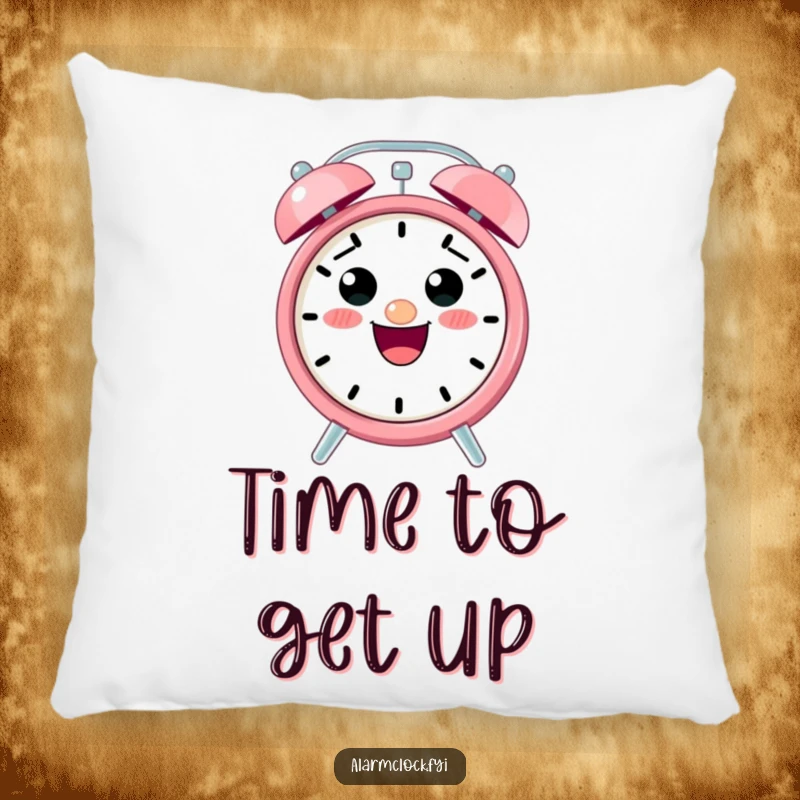 Funny pillow with a cute, smiling alarm clock character ringing with excitement, offering comfort and humor.
