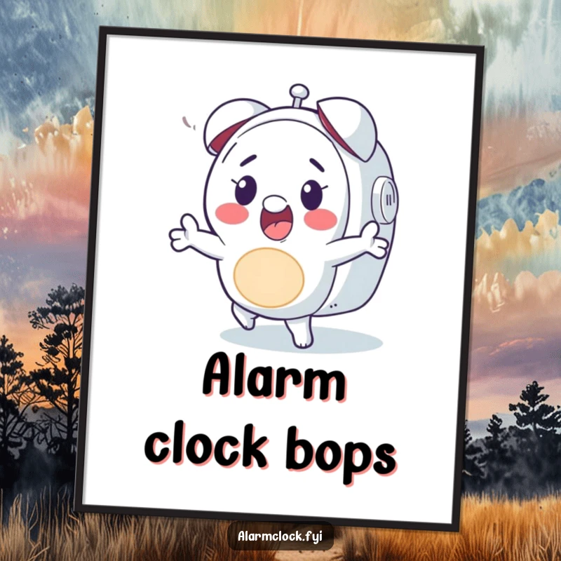 Funny digital art print of a cheerful character doing a lively dance to an alarm clock, adding musical humor.