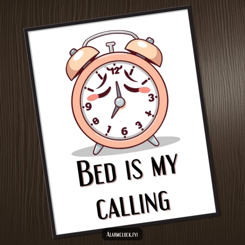 Funny digital art print of a tired character reluctantly hitting the snooze button on an alarm clock, capturing morning fatigue.