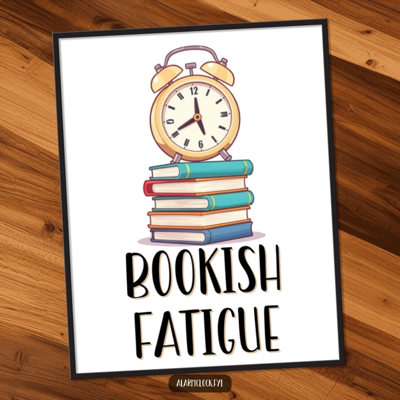 Funny digital art print of a weary alarm clock balancing on wobbly books, perfect for humorous study decor.