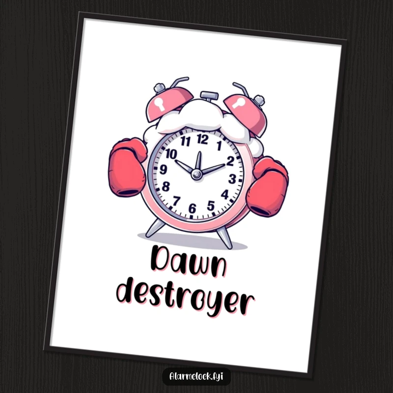 Funny digital art print of a boxing alarm clock punching a cloud, ideal for humorous wall decor.