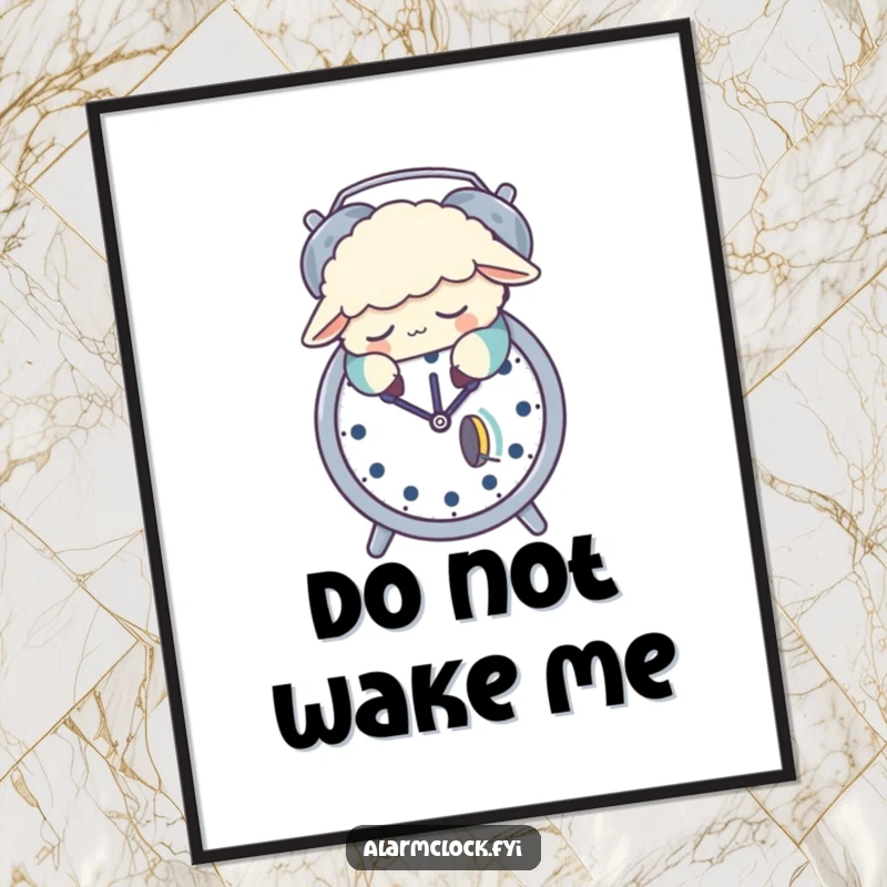 Funny digital art print of a sleepy sheep in pajamas napping on an alarm clock, a high-resolution humorous graphic download.