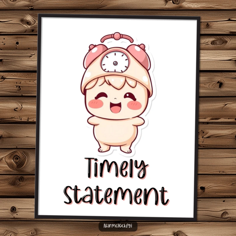 Funny digital art print of a giggling character wearing an alarm clock hat, adding cheerful vibes to any room.