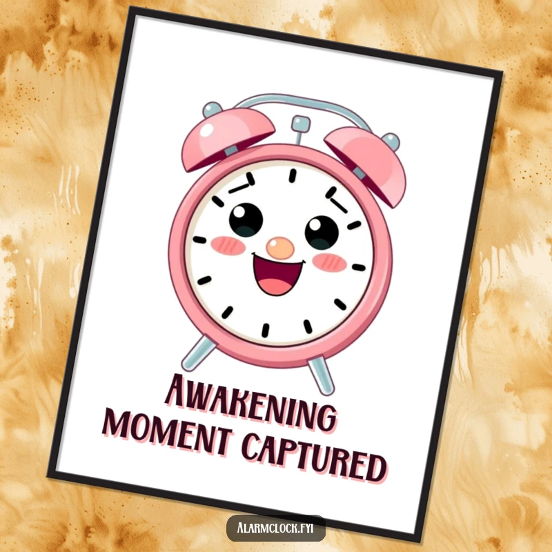 Funny digital art print of an excited, cute alarm clock character ringing loudly, ideal for humorous decor.