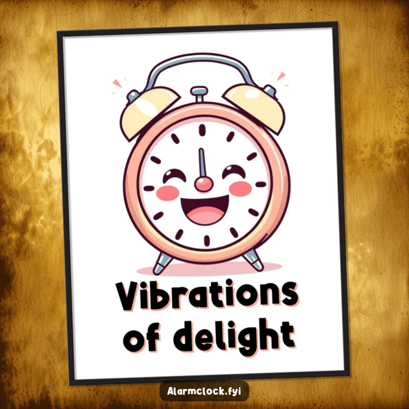 Funny digital art print of a smiling alarm clock character ringing loudly with cheerful energy, perfect for joyful and humorous decor.
