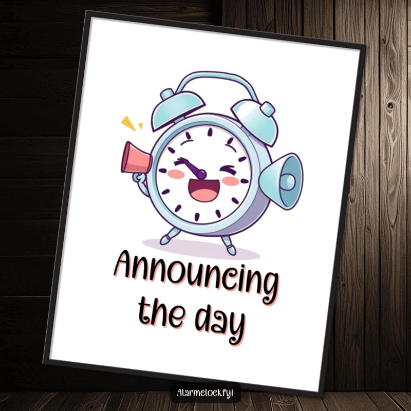Funny Digital Art: A determined alarm clock shouting happy greetings through a megaphone, radiating energy.
