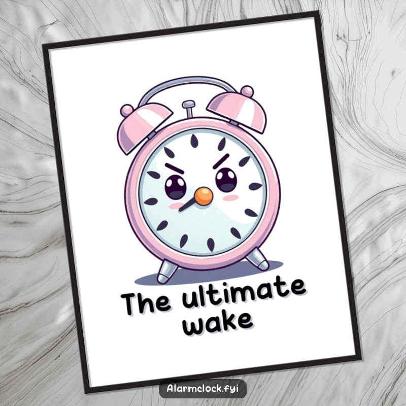 Funny digital art print of a determined alarm clock with a loud ring, symbolizing motivation and ambition.