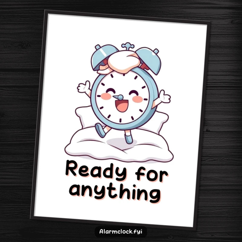 Funny digital art print of a cheerful character jumping joyfully out of bed as an alarm clock rings, bringing instant morning cheer.