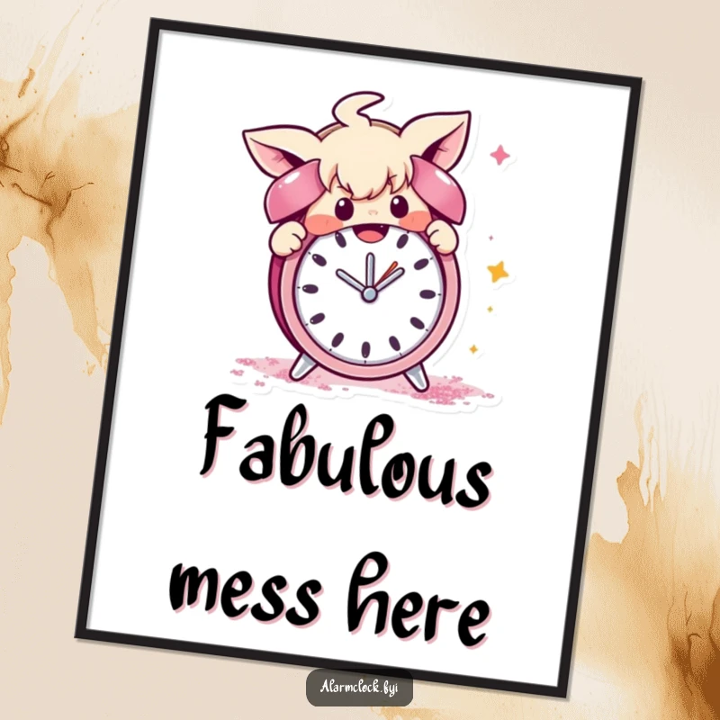 Funny digital art print of a mischievous character gleefully covering an alarm clock with glitter, bringing instant playful chaos.