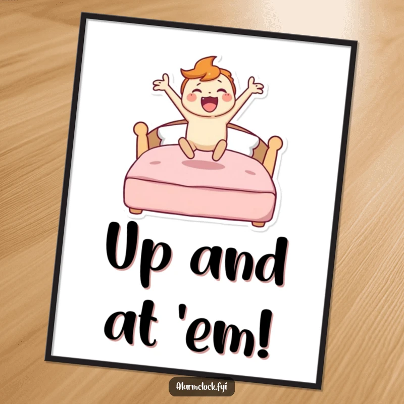 Funny digital art print of a character joyfully jumping out of bed, symbolizing unstoppable morning energy and enthusiasm.