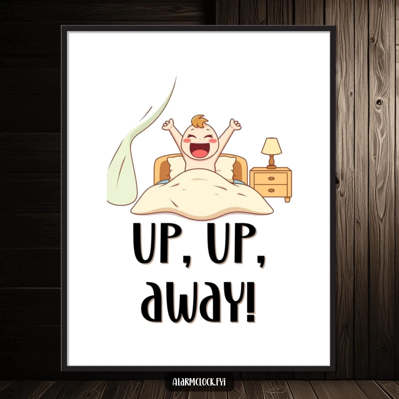 Funny digital art print of an ecstatic character enthusiastically jumping out of bed, adding vibrant, humorous energy.