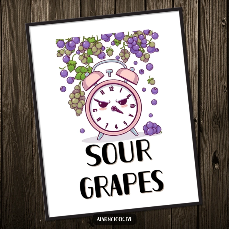 Funny digital art print of a grumpy alarm clock being pelted by tiny grapes, perfect for instant, humorous decor.