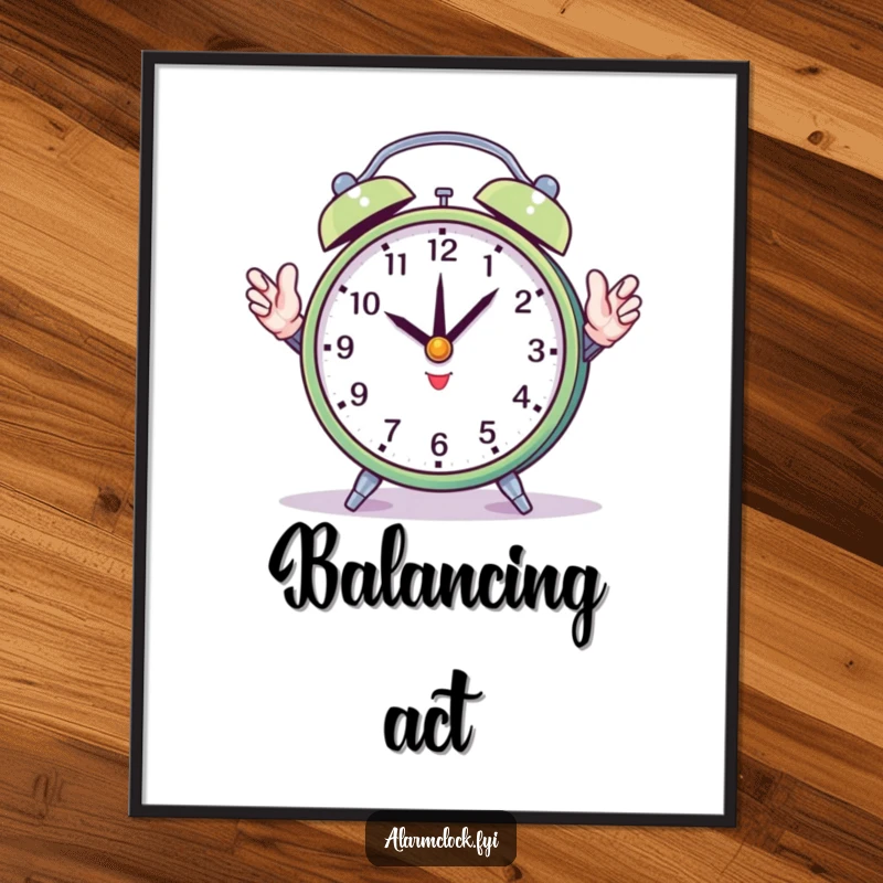Funny digital art print of a round alarm clock attempting to juggle its hands, perfect for instant, humorous decor.