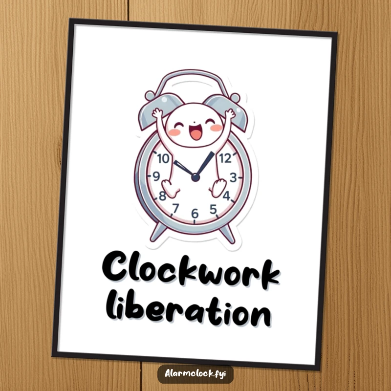 Funny digital art print of a cheerful character joyfully leaping out of an alarm clock, creating a lively and energetic ambiance.