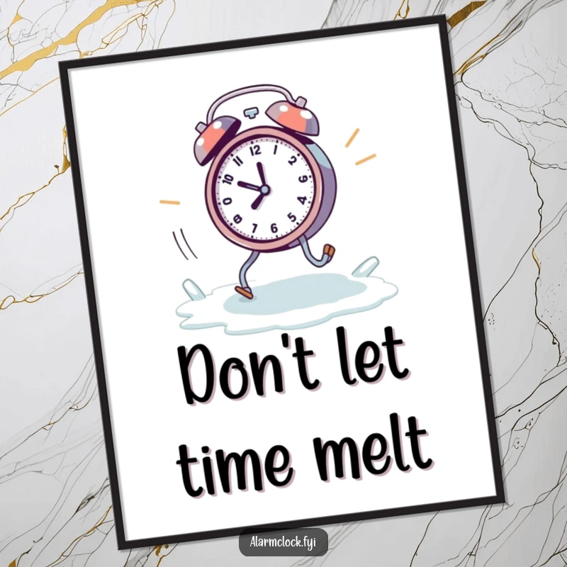 Funny melting alarm clock digital art, showing a frantic clock with tiny legs running away from a rapidly melting ice cube.