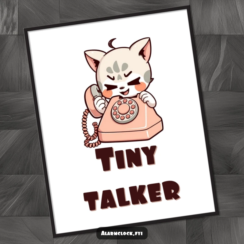 Funny digital art print of a mischievous character playfully using a tiny, retro telephone, ideal for humorous digital decor.