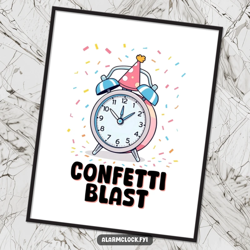 Funny digital art print of a party alarm clock spinning with confetti, perfect for lively wall decor.