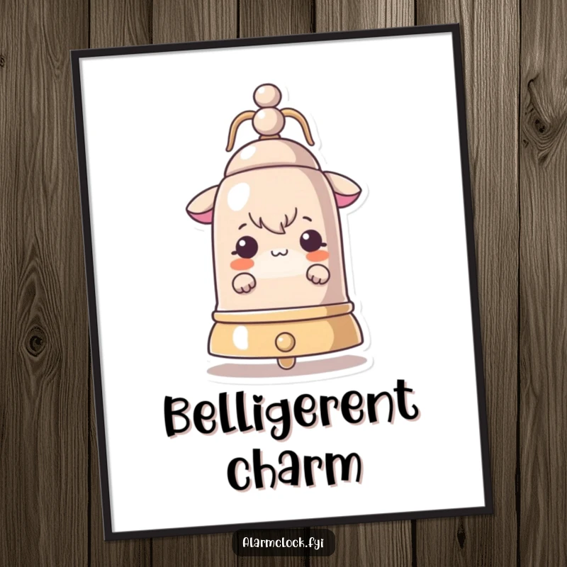 Funny digital art print of a curious character peeking from behind a large ringing bell, adding intriguing vibes to any room.