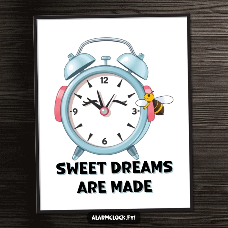 Funny digital art print of a sleepy alarm clock with earmuffs ignoring a buzzing bee, perfect for instant, humorous decor.