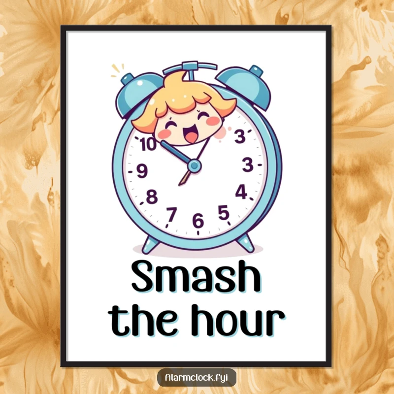 Funny digital art print of a happy character smashing a large, cartoon alarm clock, a humorous celebration of ending morning dread.