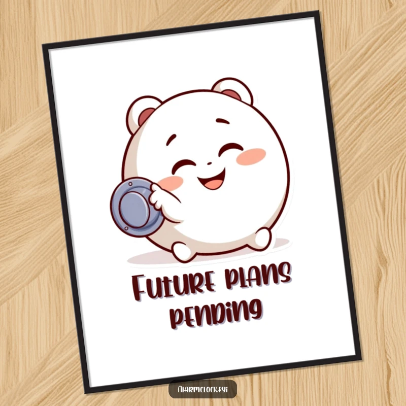 Funny digital art print of a character with a happy grin, pressing a snooze button, perfect for adding instant humor to any room.