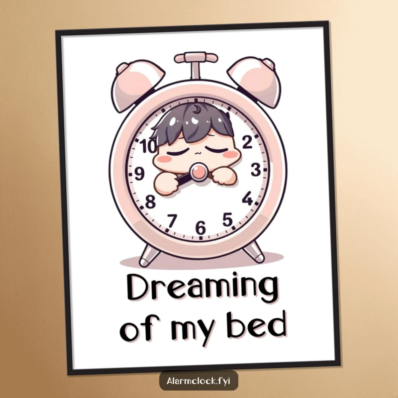 Funny digital art print of a sleepy character groggily pressing a giant alarm clock's snooze button, perfect for humorous home decor.