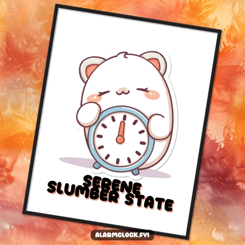 Funny digital art print of a happy character snoozing with a finger on a silent alarm clock.