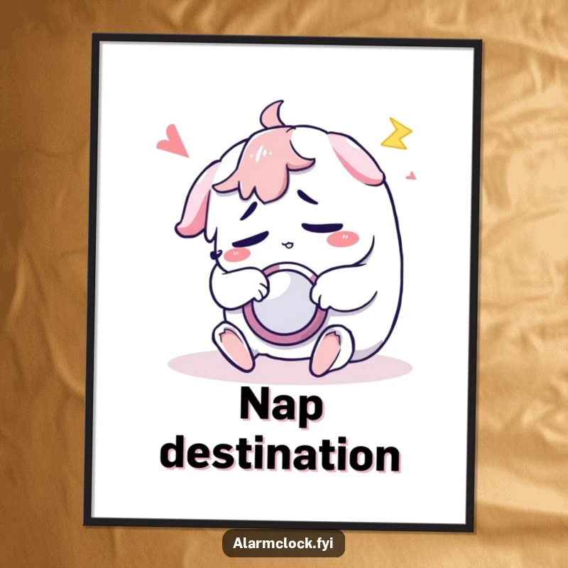 Funny digital art print of a sleepy character engrossed in hitting the snooze button, a humorous wall decor.