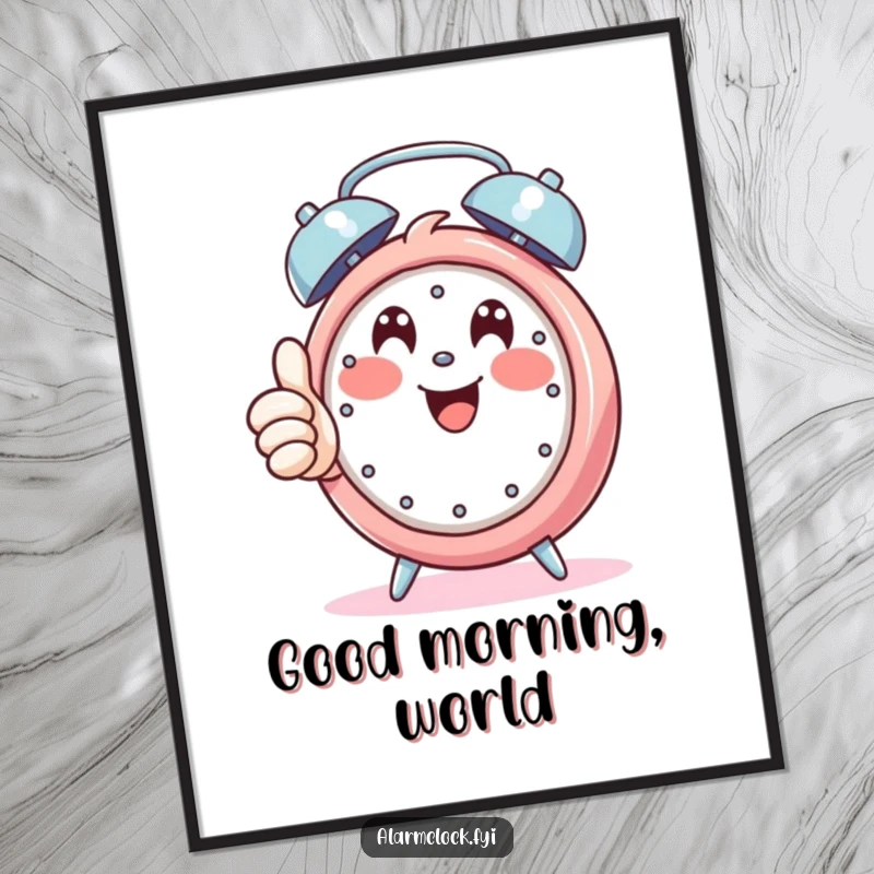 Funny digital art print of a happy character giving a thumbs up while an alarm rings, embodying cheerful acceptance and positivity.