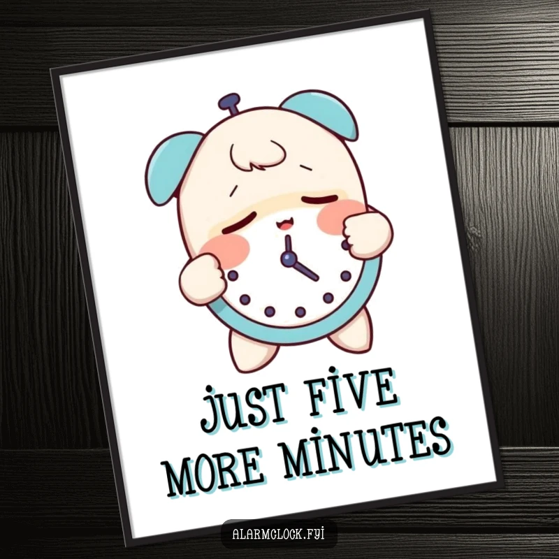 Funny digital art print of a sleepy character groggily slapping an alarm clock, conveying relatable morning humor.