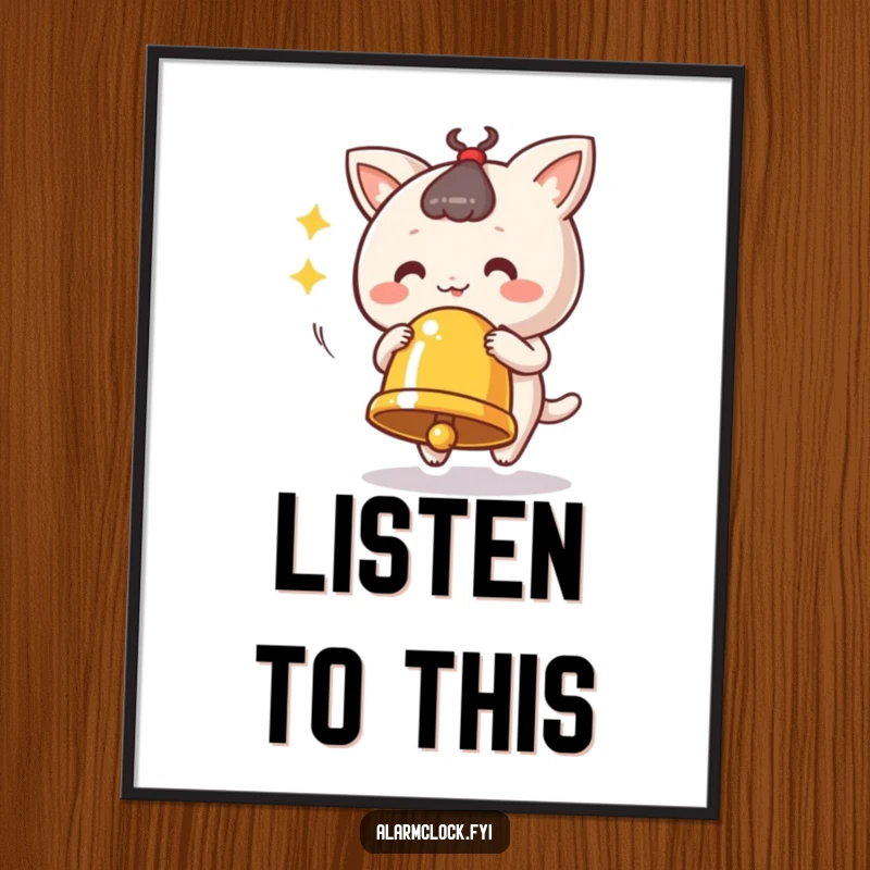 Funny ringing bell digital art print of a cute character vigorously ringing a bell, adding sound and humor.
