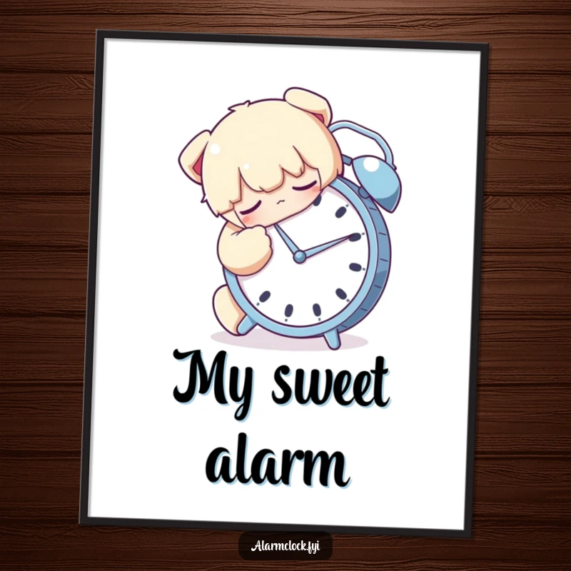 Funny digital art print of a sleeping character tightly hugging an alarm clock, symbolizing deep comfort and sleep.