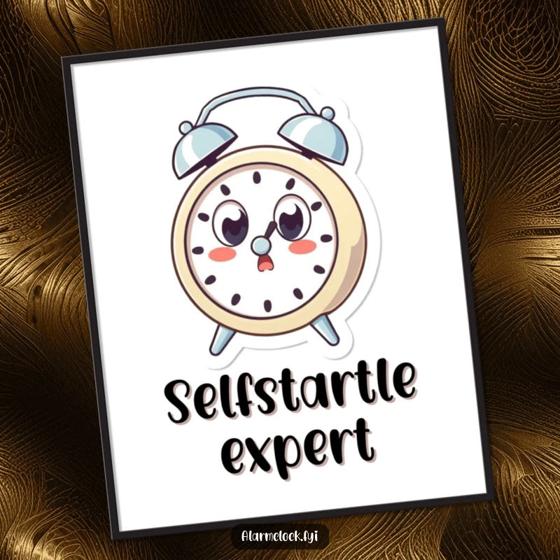 Funny digital art print of a surprised alarm clock character with wide eyes, startled by its own ring, ideal for humorous wall art.